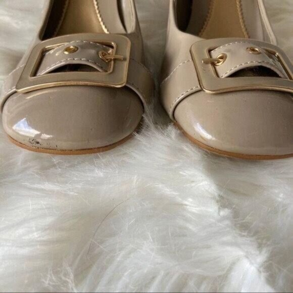 Dexter Classic Patent Taupe Pumps Chunky Block‎ Heels Accent Buckle Dress shoes - Picture 6 of 11